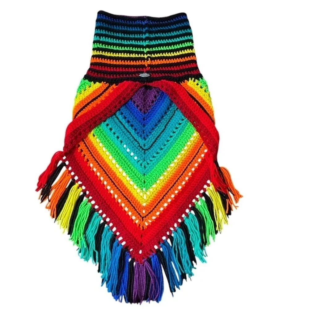 Handcrafted Crochet Cowl Neck Scarf With Fringe Rainbow Colors New Handmade Knit